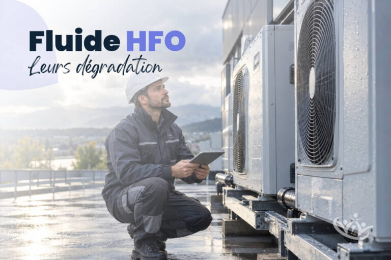 Technicien inspectant une unité de climatisation extérieure sous la pluie, pour illustrer la dégradation des fluides HFO et les questions autour des pluies acides.