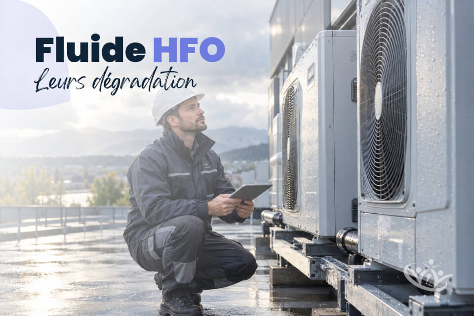 Technicien inspectant une unité de climatisation extérieure sous la pluie, pour illustrer la dégradation des fluides HFO et les questions autour des pluies acides.