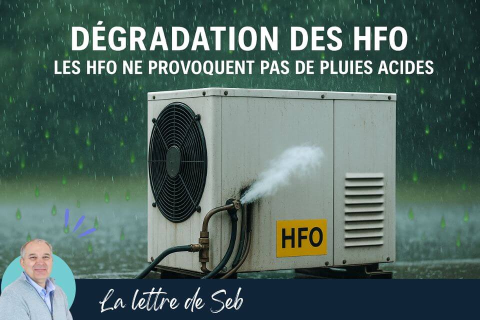 Visuel montrant une installation frigorifique fuyant du fluide HFO sous une pluie acide stylisée, illustrant que les HFO ne provoquent pas de pluies acides.