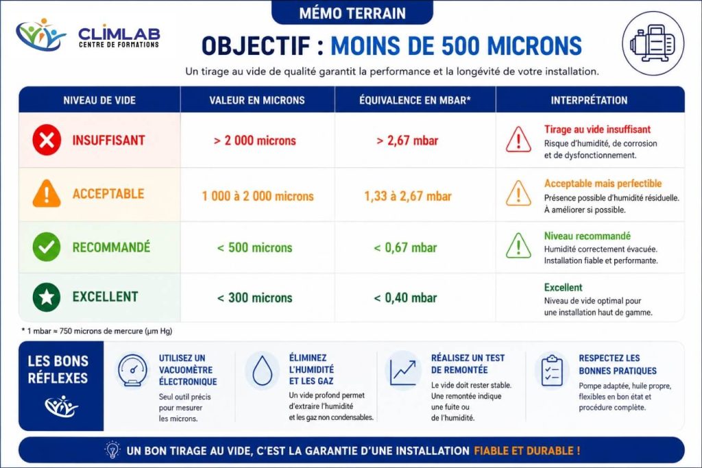 Valeurs de référence du tirage au vide en climatisation : objectif inférieur à 500 microns pour une installation frigorifique conforme