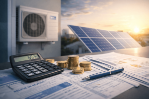 Illustration de la Loi de finances 2026 montrant documents fiscaux, calculatrice, pièces en euros et installation pompe à chaleur avec panneaux solaires.