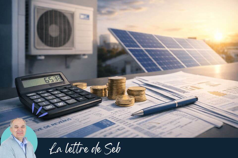 Illustration de la Loi de finances 2026 montrant documents fiscaux, calculatrice, pièces en euros et installation pompe à chaleur avec panneaux solaires.
