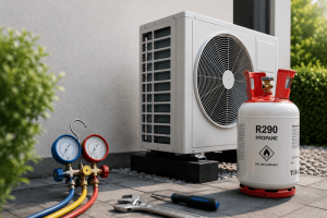 Pompe à chaleur au R290 avec bouteille de propane et manifold frigorifique lors d’une intervention technique sur une PAC résidentielle.