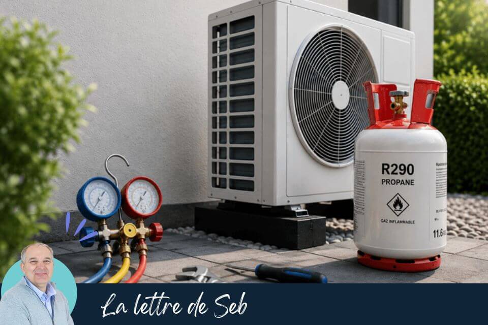 Pompe à chaleur au R290 avec bouteille de propane et manifold frigorifique lors d’une intervention technique sur une PAC résidentielle.