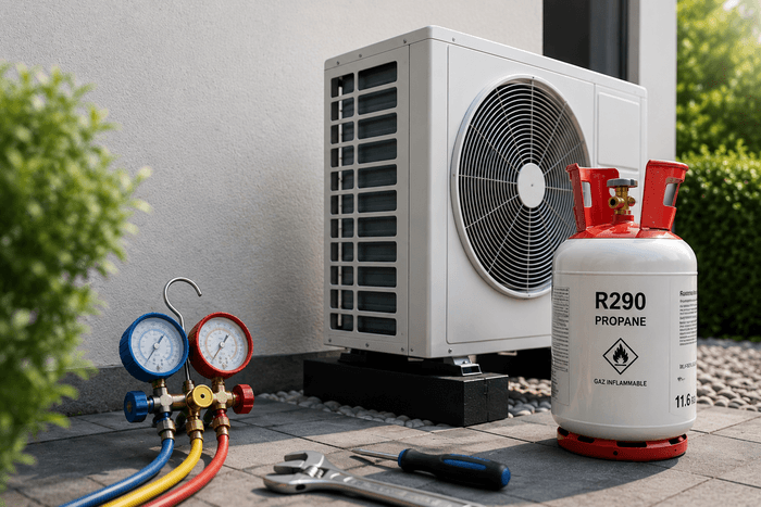 Pompe à chaleur au R290 avec bouteille de propane et manifold frigorifique lors d’une intervention technique sur une PAC résidentielle.