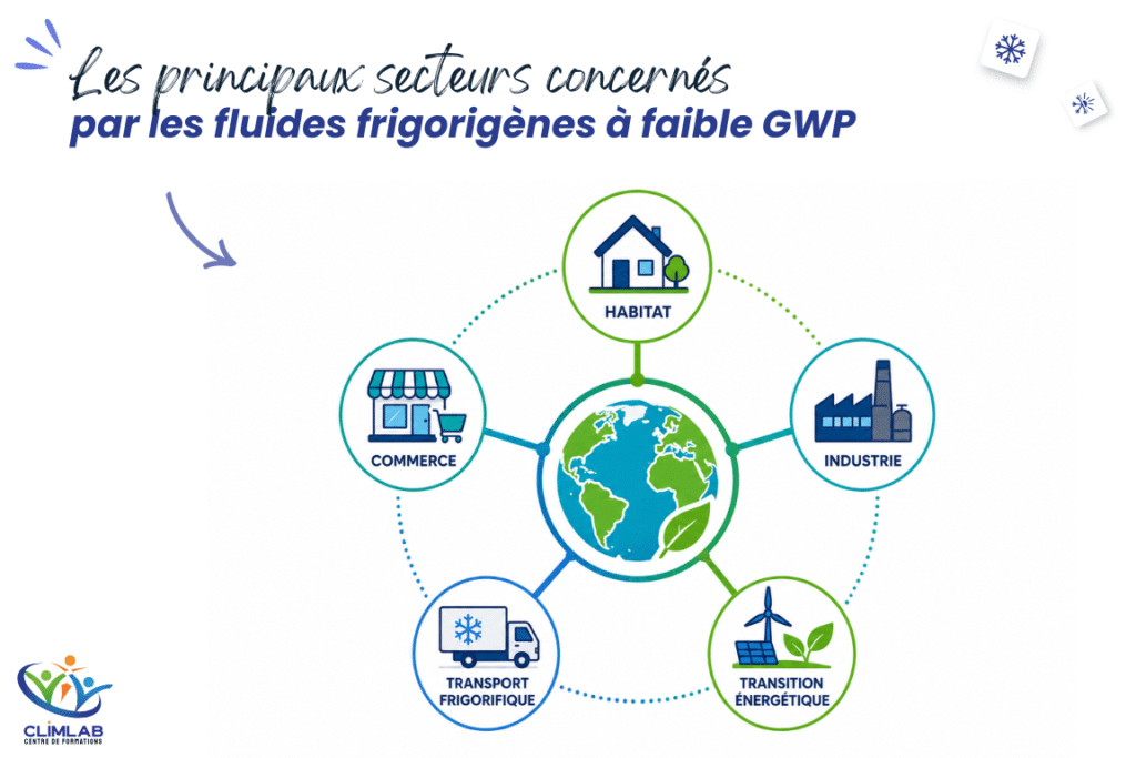 Schéma illustrant les principaux secteurs d'application des fluides frigorigènes à faible GWP : habitat, commerce, industrie, transport frigorifique et transition énergétique.