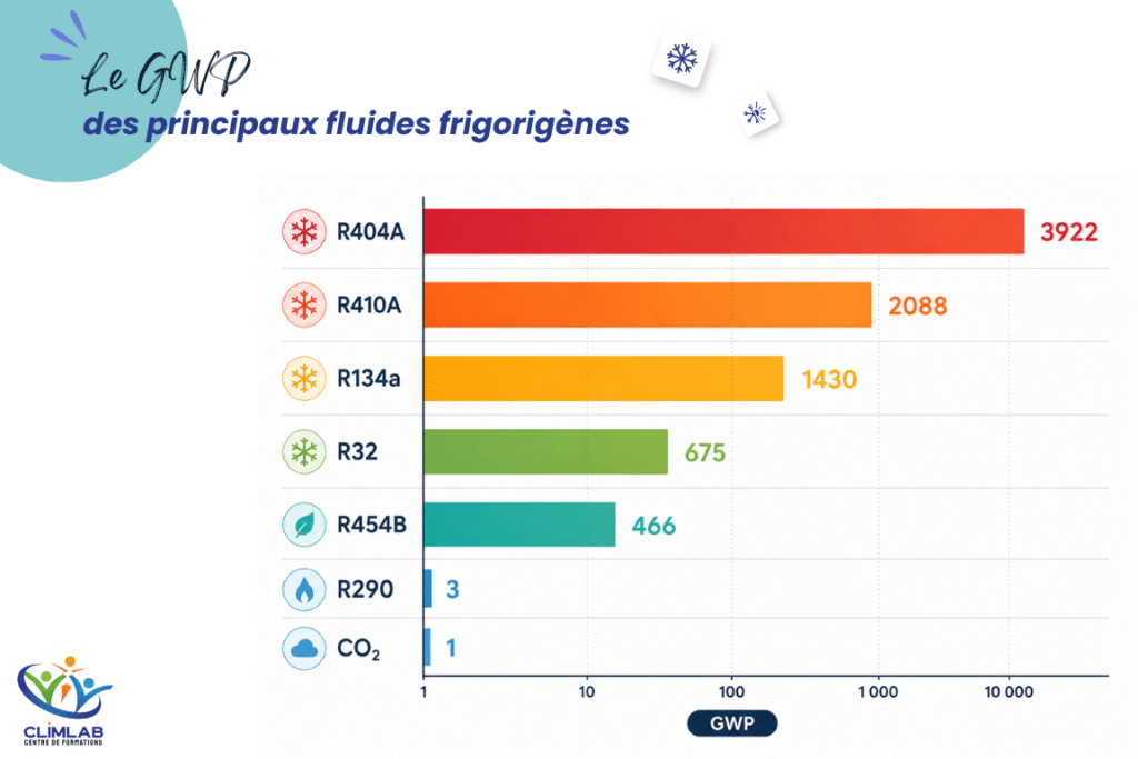 Graphique comparant le GWP des principaux fluides frigorigènes : R290, R454B, R32, R134a, R410A et R404A.