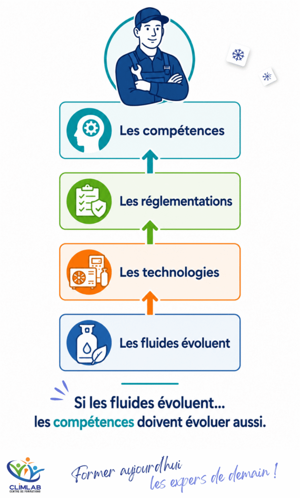 Schéma illustrant l'évolution des fluides frigorigènes, des technologies, des réglementations et des compétences des frigoristes.