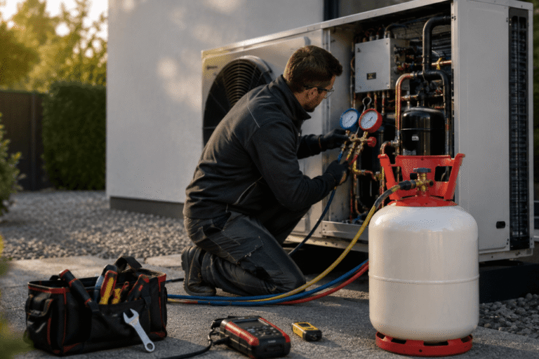 Technicien frigoriste intervenant sur une pompe à chaleur au R290 avec manifold et bouteille de propane fluide frigorigène.