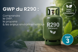 Bouteille de propane R290 illustrant son faible GWP et son faible impact environnemental comme fluide frigorigène naturel.