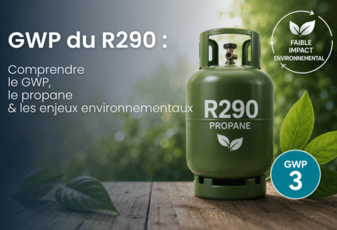 Bouteille de propane R290 illustrant son faible GWP et son faible impact environnemental comme fluide frigorigène naturel.