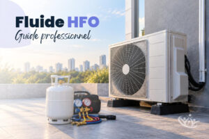 Visuel du guide professionnel sur les fluides HFO avec unité extérieure de climatisation, bouteille de fluide et manifold frigoriste