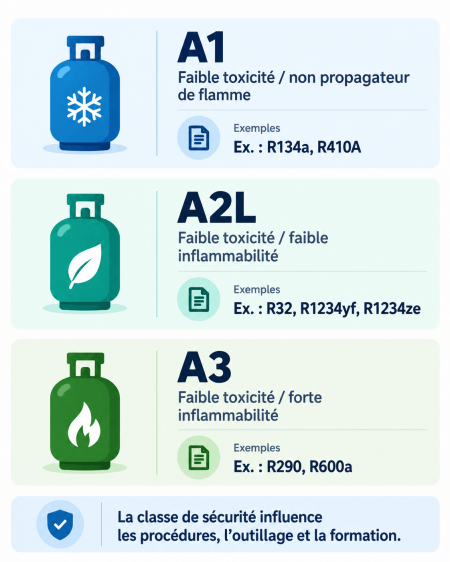 Schéma comparatif des classes de sécurité A1, A2L et A3 des fluides frigorigènes avec exemples de fluides