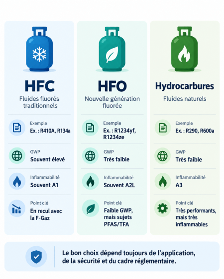 Comparatif des fluides frigorigènes HFC, HFO et hydrocarbures selon leur GWP, leur inflammabilité et leurs principales caractéristiques