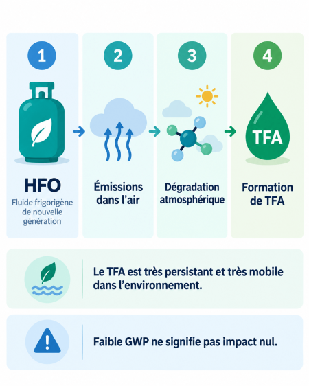 Schéma montrant la dégradation atmosphérique de certains HFO pouvant conduire à la formation de TFA