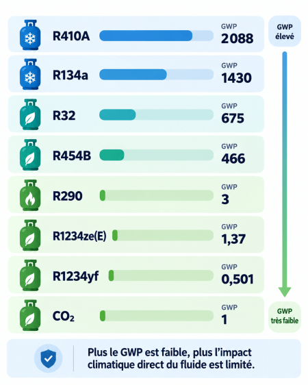 Graphique comparatif du GWP des principaux fluides frigorigènes incluant R404A, R410A, R134a, R32, R454B, R290 et CO2